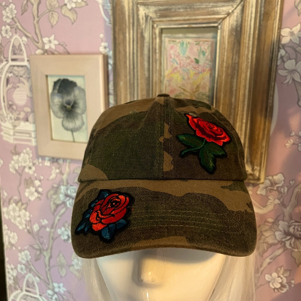 Camo Cap with Red Rose Embroidery appliqués